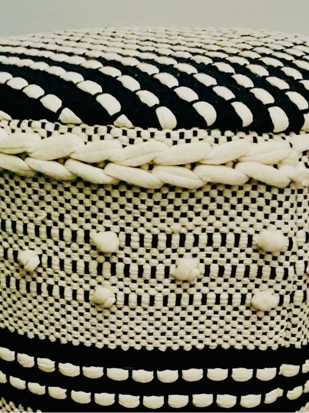 Handcrafted woven boho black and cream Pom Pom wood legs stool seat table NWT - Picture 5 of 14